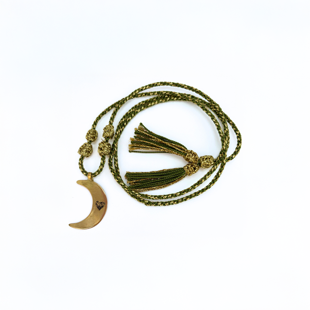 Sautoir grigri médaille lune cœur kaki fait main Maroc beloves