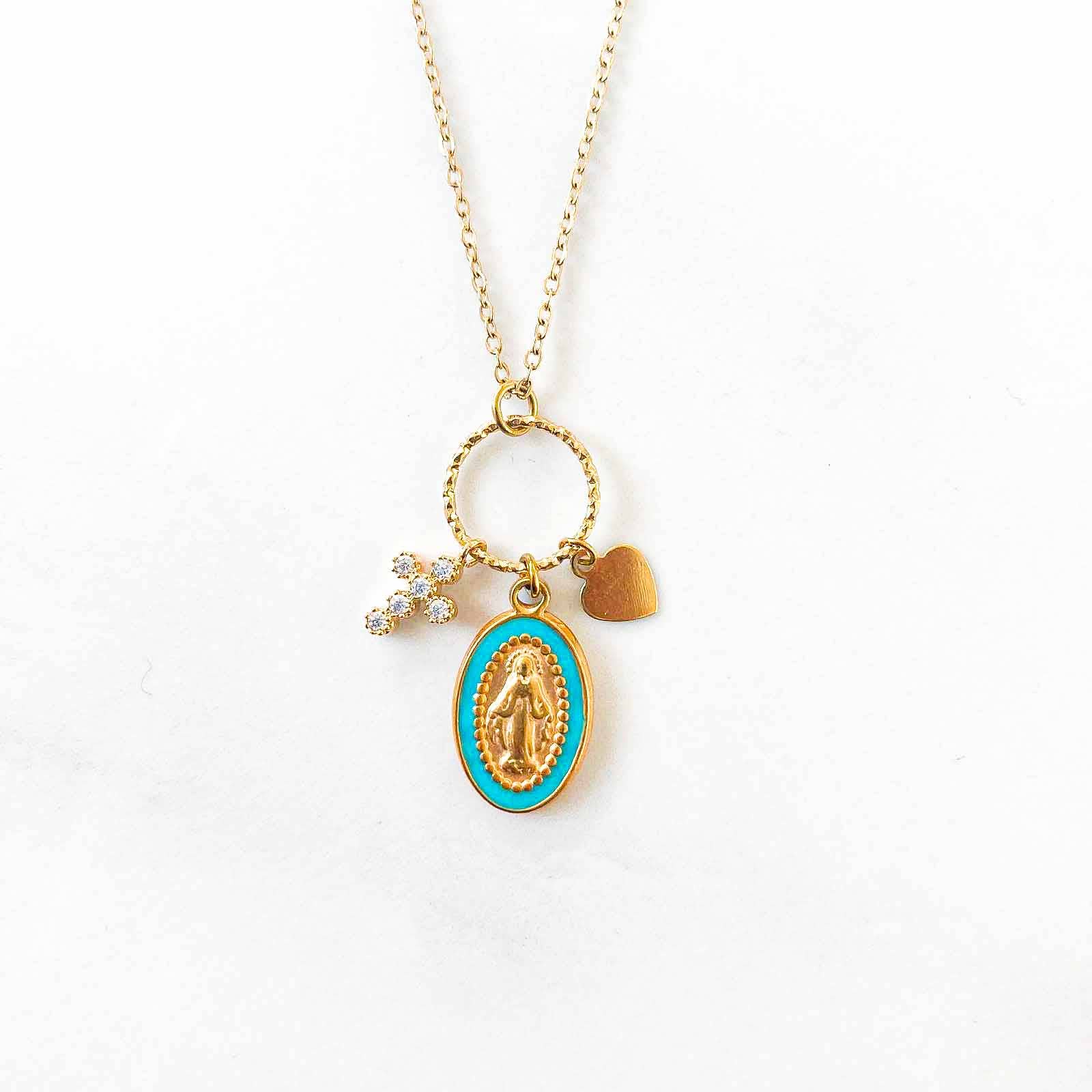 Collier grappe marie turquoise zircon laiton doré créé France beloves