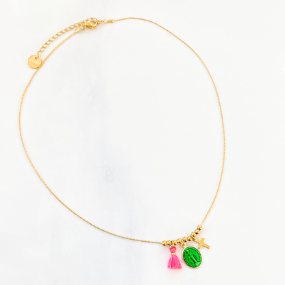 Collier rainbow Mary vert détail chaine acier inoxydable beloves